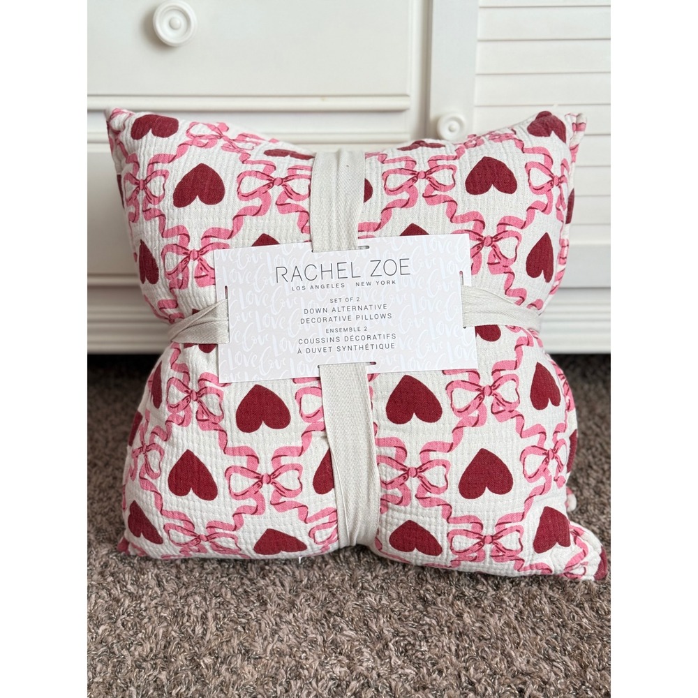 Rachel Zoe 2 Down Alternative Decorative Pillows Red Hearts Pink Bows Valentines